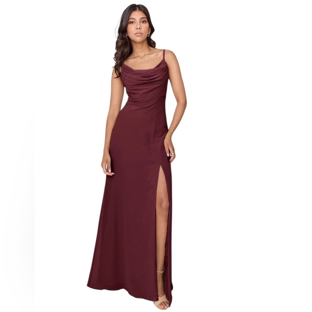 Revelry NWT Ember Chiffon Cowl Neck Spaghetti Strap Lace Up Maxi Gown Burgundy